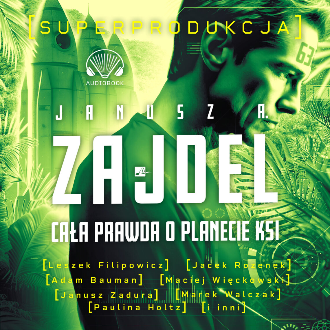 Okładka książki „Cała prawda o planecie Ksi” Janusza Zajdla utrzymana jest w futurystycznym, neonowym stylu i przedstawia mężczyznę z cyfrowym numerem na czole, na tle rakiet oraz egzotycznej roślinności. Dominuje intensywny odcień zieleni.