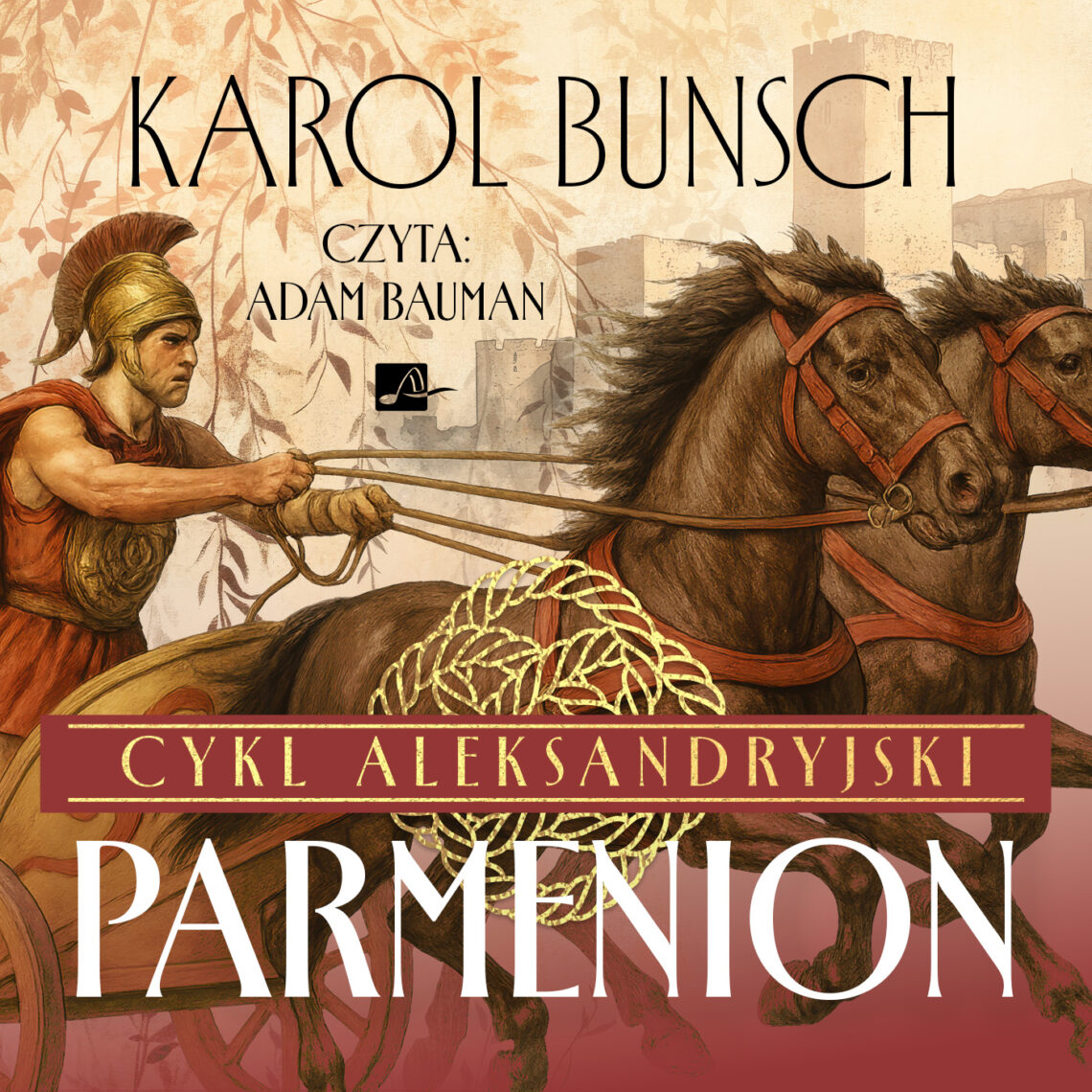Okładka książki „Parmenion” Karola Bunscha z Cyklu Aleksandryjskiego utrzymana jest w klasycznym, antycznym stylu i przedstawia woźnicę prowadzącego rydwan zaprzężony w dwa konie na tle delikatnie zarysowanych murów i roślinnych ornamentów. Dominują ciepłe odcienie brązu, złota i czerwieni, a centralny pas z tytułem ozdobiony jest stylizowanym, plecionym motywem.
