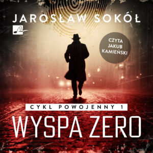 Okładka książki „Wyspa zero” Jarosława Sokoła utrzymana jest w mrocznym, sensacyjnym stylu i przedstawia sylwetkę postaci w kapeluszu, nawiązującą do klimatu noir, biegnącą nocą po mokrej ulicy. W tle widać światła miasta i powiększony odcisk palca. Dominują czerwienie, czernie i przygaszone żółcie, a duża, biała typografia tytułu kontrastuje z ciemnym, niepokojącym tłem.