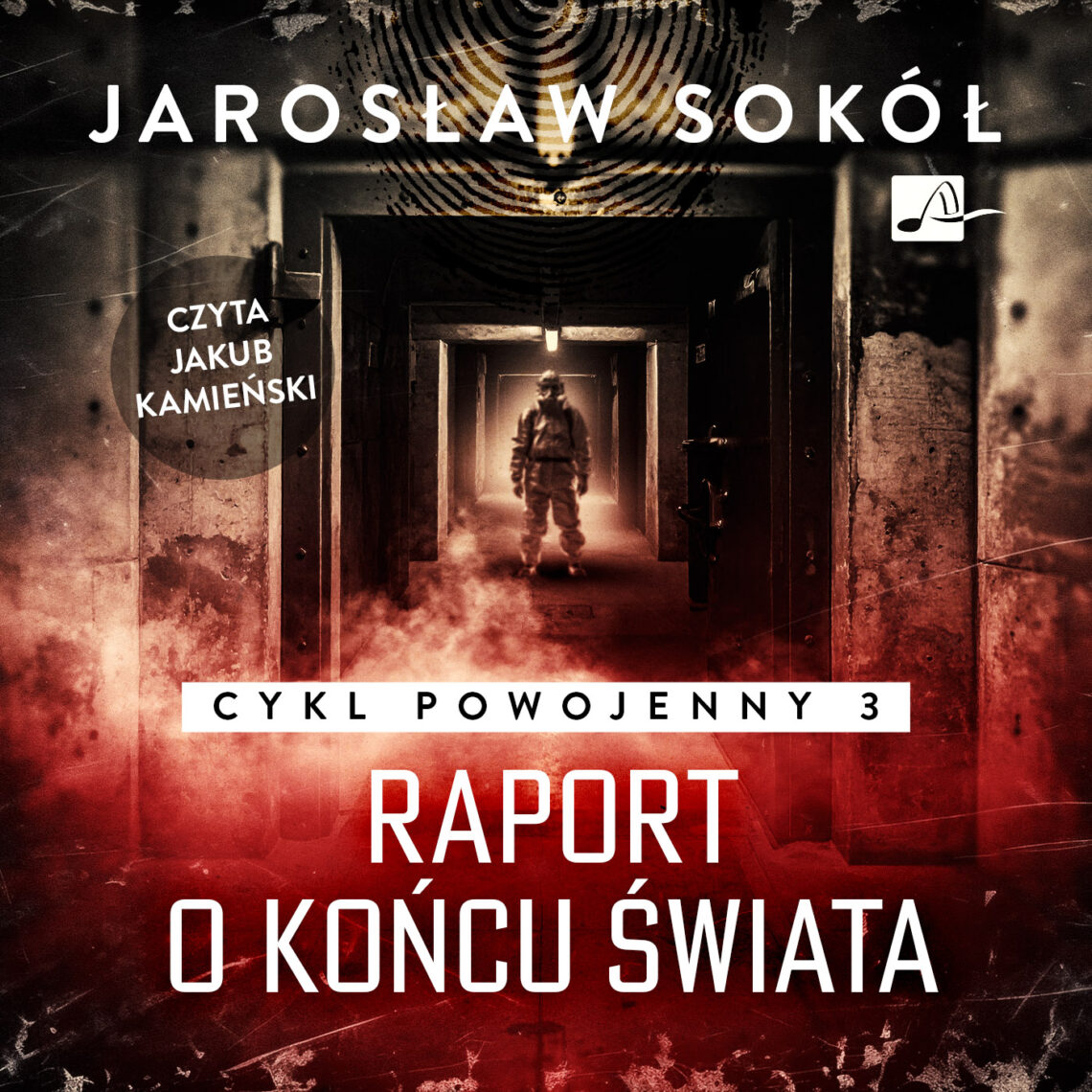 Okładka książki „Raport o końcu świata” Jarosława Sokoła utrzymana jest w mrocznym, postapokaliptycznym stylu i przedstawia postać stojącą w wąskim, betonowym korytarzu, nad którym widoczny jest odcisk palca, na tle czerwonej, zadymionej przestrzeni. Dominują czernie, brązy i intensywna czerwień, a duża, kontrastowa typografia oraz zniszczona faktura obrazu wzmacniają niepokojący, katastroficzny klimat.