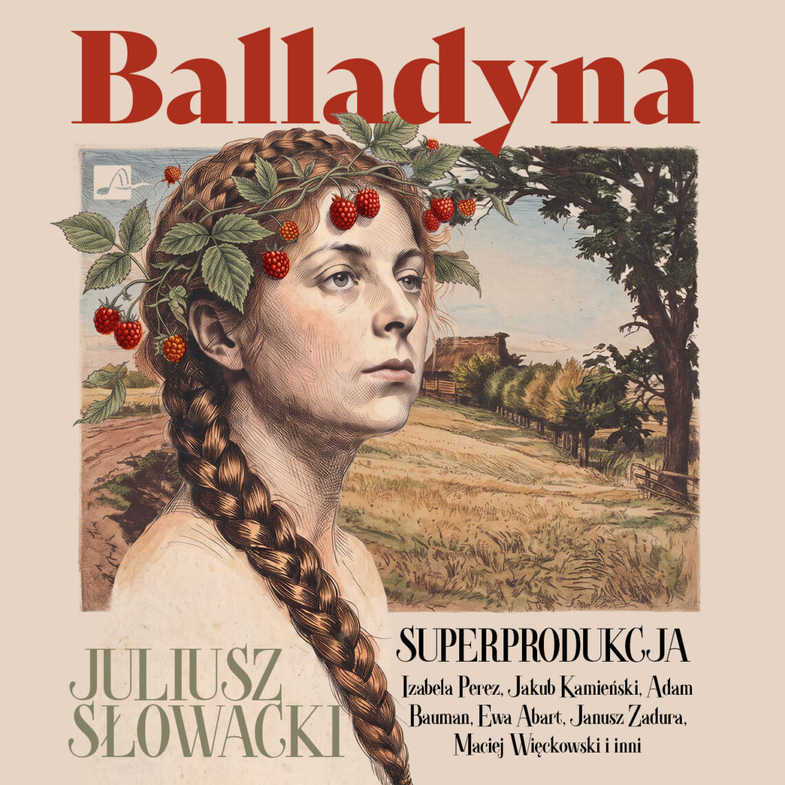 Okładka książki „Balladyna” Juliusza Słowackiego utrzymana jest w stylu inspirowanym klasyczną ryciną i przedstawia portret młodej kobiety z długim warkoczem, ozdobionej gałązkami malin, na tle wiejskiego krajobrazu z polną drogą i drzewami. Dominują stonowane beże, brązy i zielenie, a czerwone maliny oraz duża czerwona typografia tytułu stanowią wyraziste akcenty kolorystyczne.