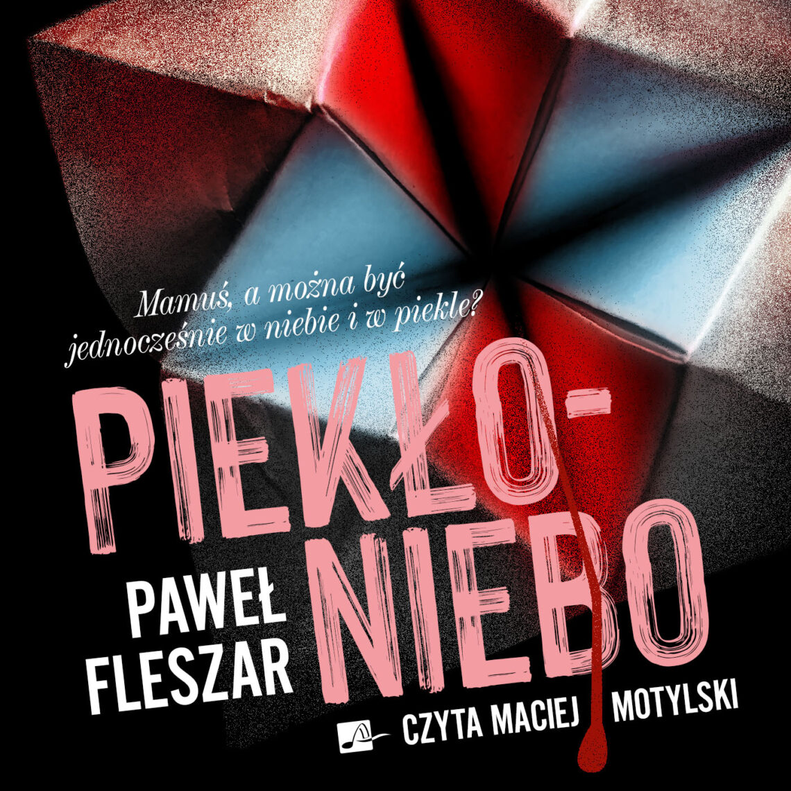 Okładka książki „Piekło–Niebo” Pawła Fleszara utrzymana jest w mrocznym, thrillerowym stylu i przedstawia rozłożoną papierową grę "piekło-niebo" w kontrastujących odcieniach czerwieni, błękitu, czerni i bieli. Dominują czerń i czerwień, a duża różowa typografia oraz pojedyncza kropla czerwonej cieczy spływająca w dół nadają całości niepokojący, kryminalny charakter.
